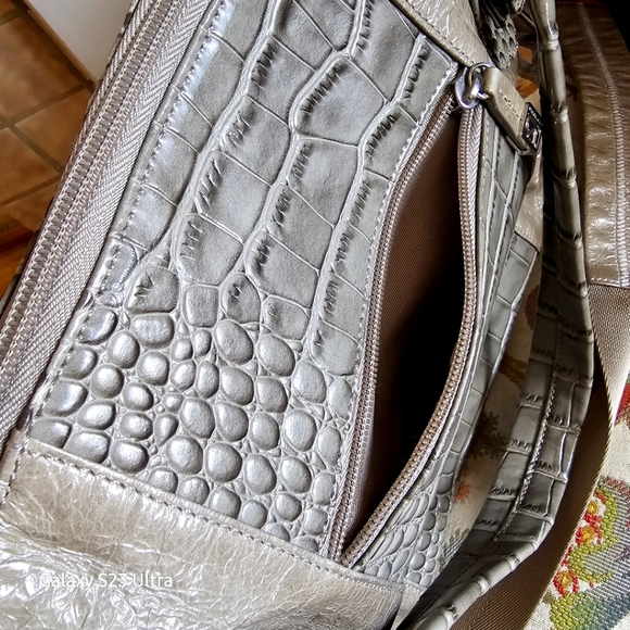 Soprano patent leather satchel with alligator embossed design. Dark taupe. - Picture 6 of 15